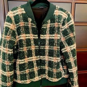 Beyond Yoga Fuzzy Plaid Bomber Jacket